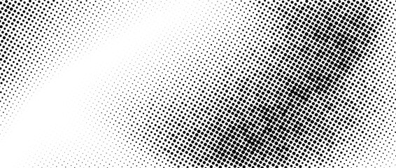 Halftone faded wavy gradient texture. Grunge dirty speckles and spots background. White and black uneven sand grain wallpaper. Retro pixelated comic cartoon vector backdrop. 