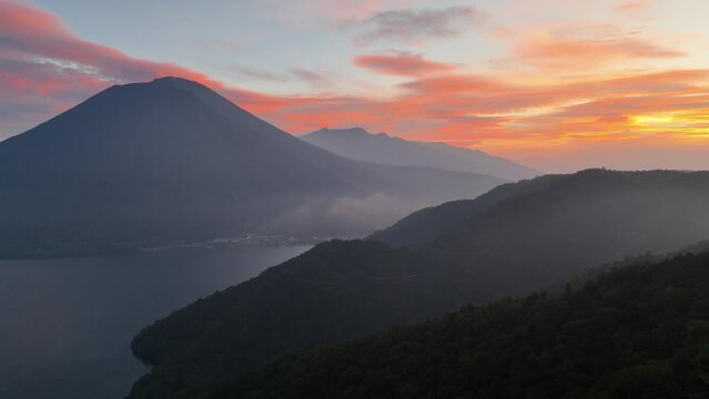 Japanese volcanic landscape at dusk, Nikko national park, Chuzenji lake aerial view at sunset, hiking in Japan, Japanese nature
