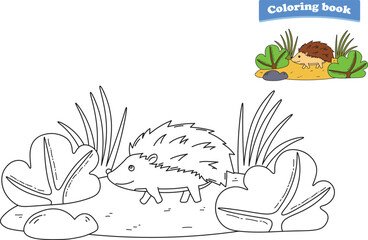 Funny cartoon hedgehog. Coloring pages. Vector illustration