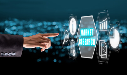 Market research concept, Businesswoman hand touching market research icon on virtual screen.