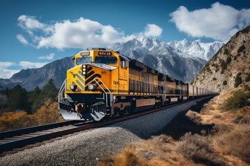 Freight Train Passing by a Mountain Range, Generative AI