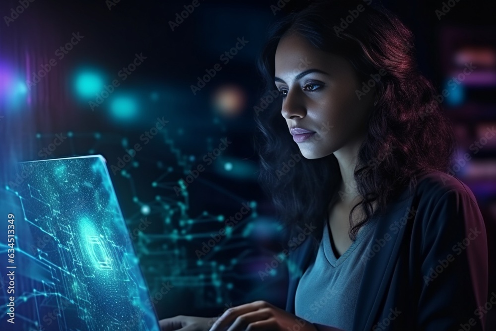 Aufkleber Generative AI : code hologram and woman with tablet data analysis