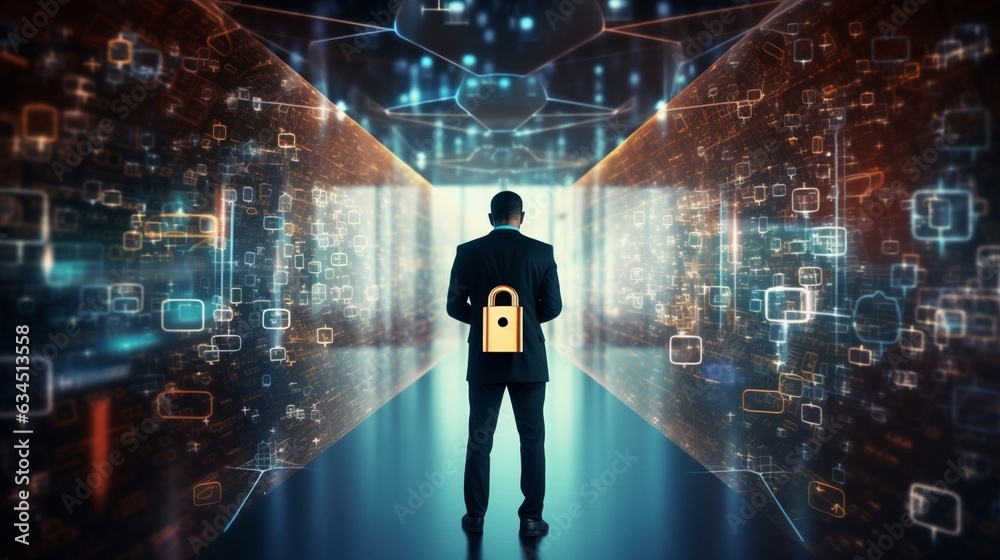 Fototapete Generative AI : Businessman secures data with encryption and network security