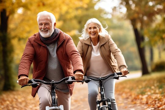 Generative AI : Cheerful active senior couple with bicycle in public park together having fun.