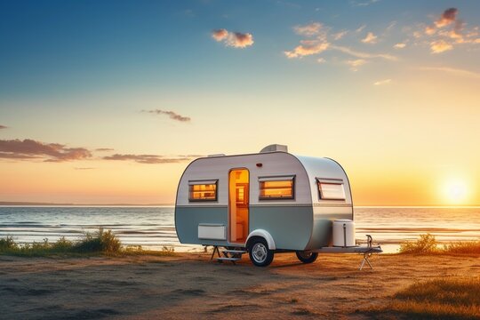 Generative AI : travel trailer Caravan before sunset near ocean or sea.