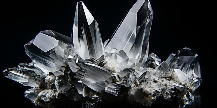 Generative AI : Amazing pure Quartz Crystal cluster gemstone closeup macro isolated. Natural rare white mineral rough stone. Beautiful crystals arrangement