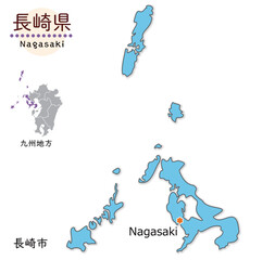 長崎県と県庁所在地、離島を含む全体図、シンプルでかわいい地図