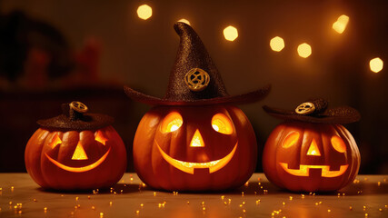 Three halloween pumpkins with neon glowing eyes and witches hat, isolated on blurred gold bokeh background. Generative AI