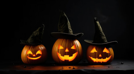 Three halloween pumpkins with neon glowing eyes and witches hat, isolated on blurred gold bokeh background. Generative AI