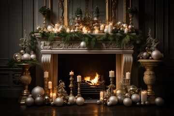 Fototapeta premium fireplace with burning candles and christmas decorations