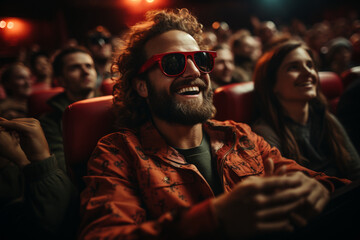 young man with curly hair sitting in the cinema and watching movie,eating tasty popcorn and enjoying - obrazy, fototapety, plakaty