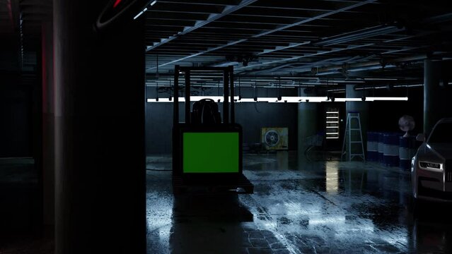 An old CRT television on a pallet is being moved by a forklift in an old, dimly lit warehouse. 3D realistic Vintage CRT TV on pallet