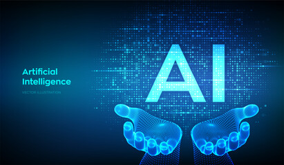 AI. Artificial intelligence. Letters AI made with binary code in wireframe hands. Binary data and streaming digital code background. Matrix background with digits 1.0. Vector illustration.