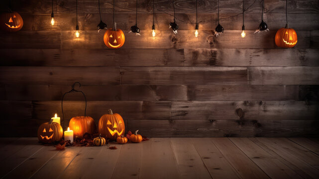 Spooky delights. Scary halloween pumpkin decoration wooden table for product. Jack o' Lantern on Rustic plank Generative AI illustrations