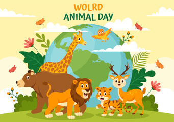 Obraz na płótnie Canvas World Animal Day Vector Illustration with Various Animals or Wildlife for Habitat Protection and Forest in Flat Cartoon Background Templates