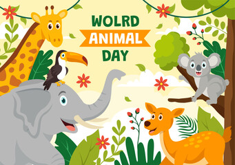 Obraz na płótnie Canvas World Animal Day Vector Illustration with Various Animals or Wildlife for Habitat Protection and Forest in Flat Cartoon Background Templates