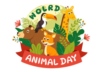 World Animal Day Vector Illustration with Various Animals or Wildlife for Habitat Protection and Forest in Flat Cartoon Background Templates