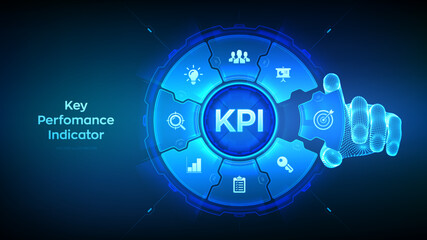 KPI. Key performance indicator business and industrial analysis technology concept on virtual screen. Wireframe hand places an element into a composition visualizing KPI. Vector illustration.