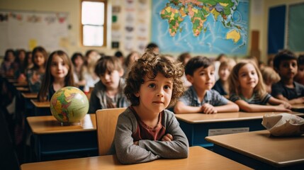 a primary elementary school group of children studying in the classroom. learning and sitting at the desk. young cute kids smiling. Generative AI