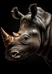 Photograph of a rhino in a dark backdrop conceptual for frame