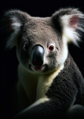 Photograph of a wild koala on a dark background conceptual for frame