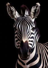 Fototapeta na wymiar Photograph of a wild zebra on a dark background conceptual for frame