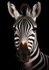 Fototapeta na wymiar Photograph of a zebra in a dark backdrop conceptual for frame