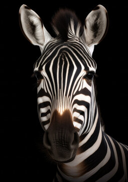 Photograph of a zebra in a dark backdrop conceptual for frame