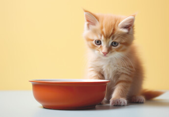 Small kitten eating looking food in bowl	