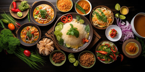 Thai food background. Dishes of thai cuisine. Tom yum, tom kha gai, pad thai noodles, fried rice with pork and vegetables khao phat mu, green papaya salad som tam, thai fruits - obrazy, fototapety, plakaty