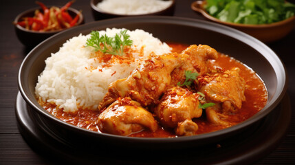 Spicy chicken curry with rice, popular Thai food. - obrazy, fototapety, plakaty