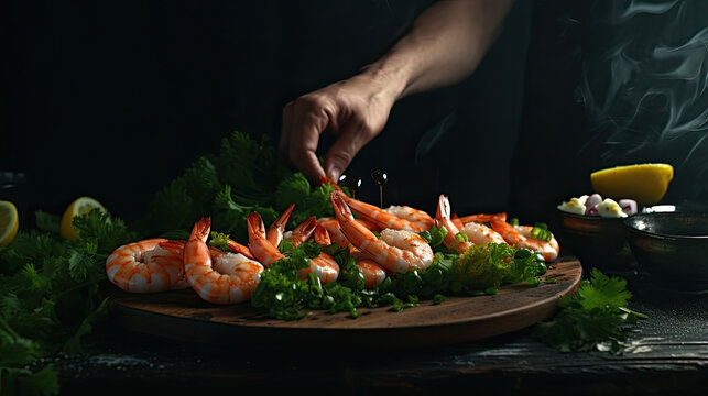 Professional chef prepares shrimps with greens. Cooking seafood, healthy vegetarian food, and food on a dark background.