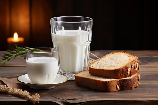 Generative AI Image of Fresh White Milk in Glass with Bread for Breakfast