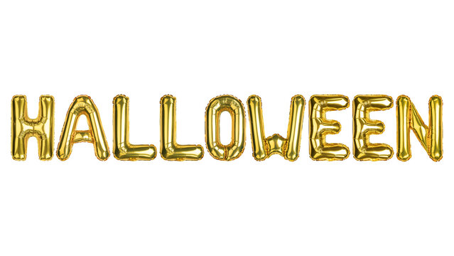 Halloween balloons. Happy Halloween. Yellow Gold foil helium balloon. Good for advertising, event, store shop posters. English alphabet letters, word. High resolution photo isolated background