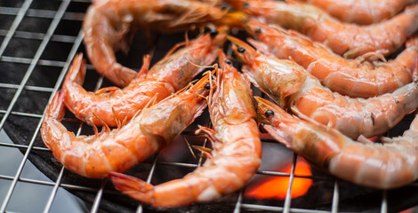 Grilled shrimps on the barbecue. Shrimp grill.