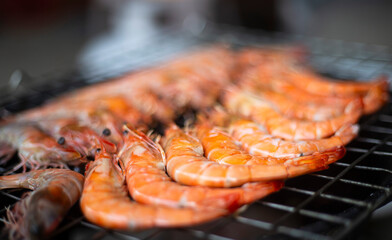 Grilled shrimps on the barbecue. Shrimp grill.