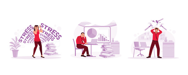 Expression of a woman who feels sad and stressed. Tired and stressed businessman. The youth racked his head as if he had been hit with a hammer. Set Trend Modern vector flat illustration