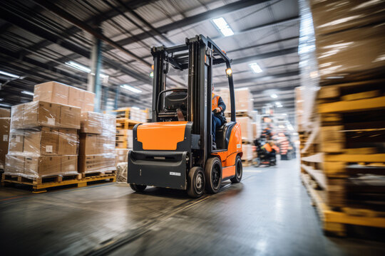 Forklift Moving Cargo in a Distribution Center, Generative AI