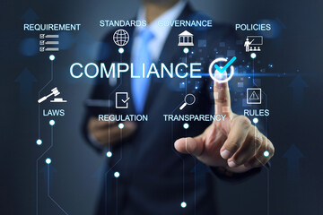 Businessman click on checkmark to applied standards compliance. Concept of legal certification of...