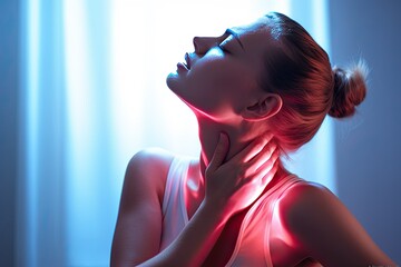 Relieving Neck Pain: Young Woman Massaging Her Neck and Stretching Muscles
 Generative AI - obrazy, fototapety, plakaty
