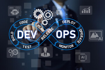 Devops concept. Data engineer or programmer pointing on devops cycle. IT operations, high software...