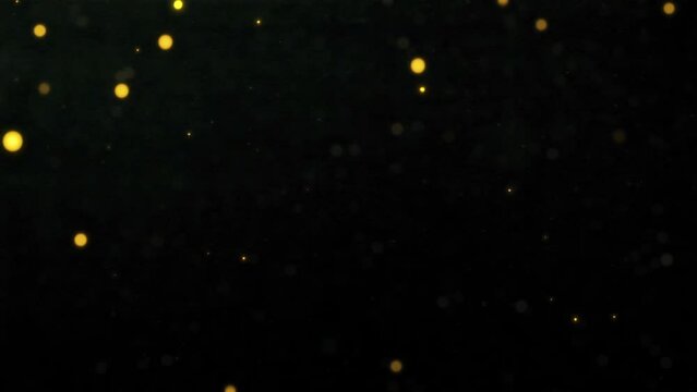 Abstract loop animation flickering glow gold bokeh bubble particles flow on black background. 4K 3D seamless looping orange bokeh particles dust fly in the air.