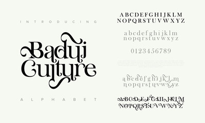 Baduiculture premium luxury elegant alphabet letters and numbers. Elegant wedding typography classic serif font decorative vintage retro. Creative vector illustration