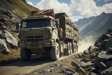 Obraz premium Cargo Truck Delivering Supplies to a Remote Area, Generative AI
