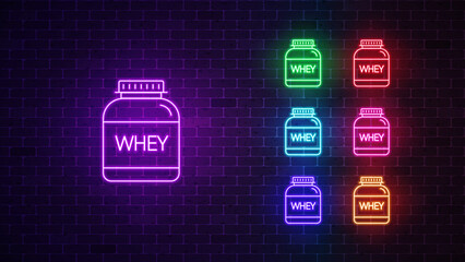 Whey neon icon set. Glowing neon protein sign. Vector illustration 