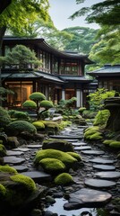 Zen Garden Retreat: Find serenity in a Zen garden, complete with carefully raked gravel, serene ponds, and perfectly placed stones. - obrazy, fototapety, plakaty