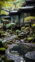 Zen Garden Retreat: Find serenity in a Zen garden, complete with carefully raked gravel, serene ponds, and perfectly placed stones. - obrazy, fototapety, plakaty