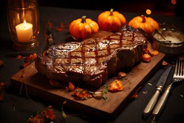 Foto op Canvas Beef steak on a wooden chopping board, Halloween theme © Yuwadee