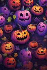 Halloween background with lots of pumpkins, pumpkin lanterns. Halloween concept. Generative AI.