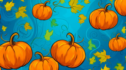 Illustration of pumpkins with leaves on a blue background. Harvest season. Generative AI.